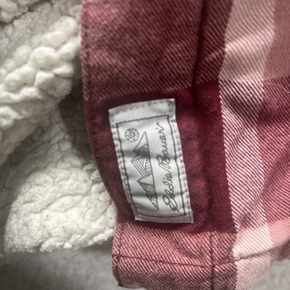 Eddie Bauer Shirt Womens Medium Red White Sherpa Lined Plaid Flannel Shacket - Picture 9 of 16